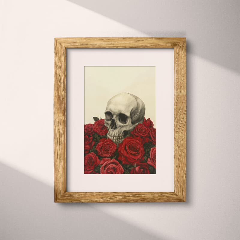 Matted frame view of A gothic pastel pencil illustration, a skull on a bed of red roses