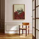 Room view with a full frame of A gothic pastel pencil illustration, a skull on a bed of red roses