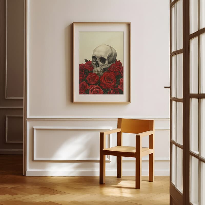 Room view with a matted frame of A gothic pastel pencil illustration, a skull on a bed of red roses