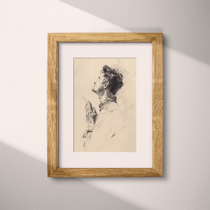 Matted frame view of A vintage graphite sketch, a man praying
