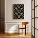 Room view with a full frame of A minimalist textile print, symmetric simple pattern