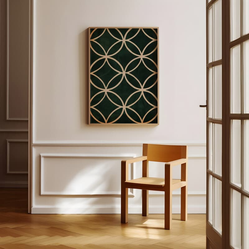 Room view with a full frame of A minimalist textile print, symmetric simple pattern