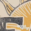 Closeup view of A vintage linocut print, the word "PEACE" with the sun