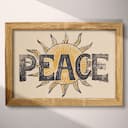Full frame view of A vintage linocut print, the word "PEACE" with the sun