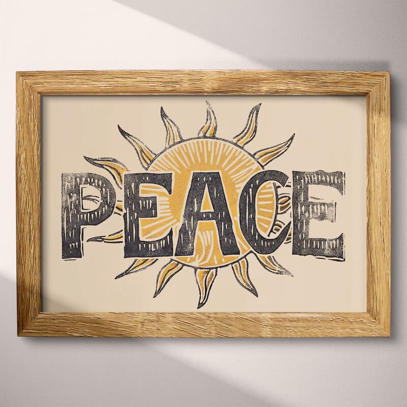 Full frame view of A vintage linocut print, the word "PEACE" with the sun