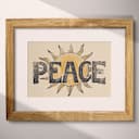 Matted frame view of A vintage linocut print, the word "PEACE" with the sun