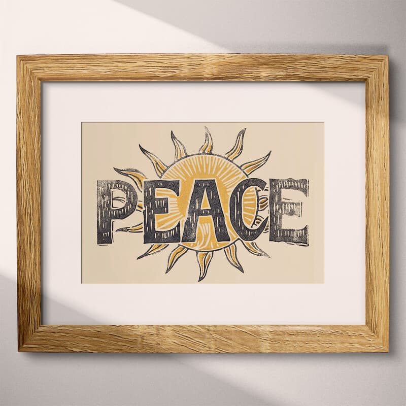 Matted frame view of A vintage linocut print, the word "PEACE" with the sun