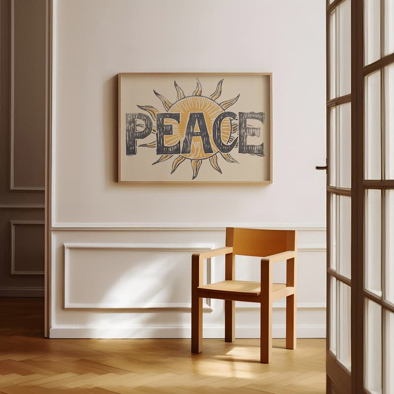 Room view with a full frame of A vintage linocut print, the word "PEACE" with the sun