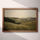 Full frame view of An impressionist oil painting, rolling hills, cows in the distance, gray sky