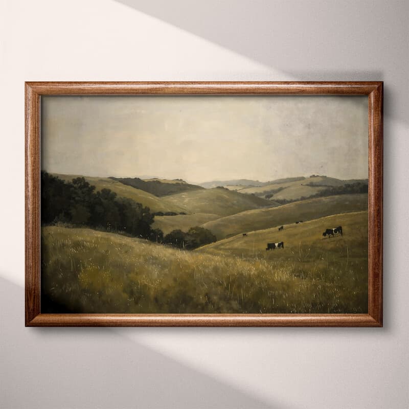 Full frame view of An impressionist oil painting, rolling hills, cows in the distance, gray sky