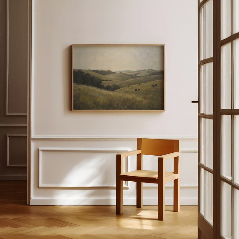 Room view with a full frame of An impressionist oil painting, rolling hills, cows in the distance, gray sky