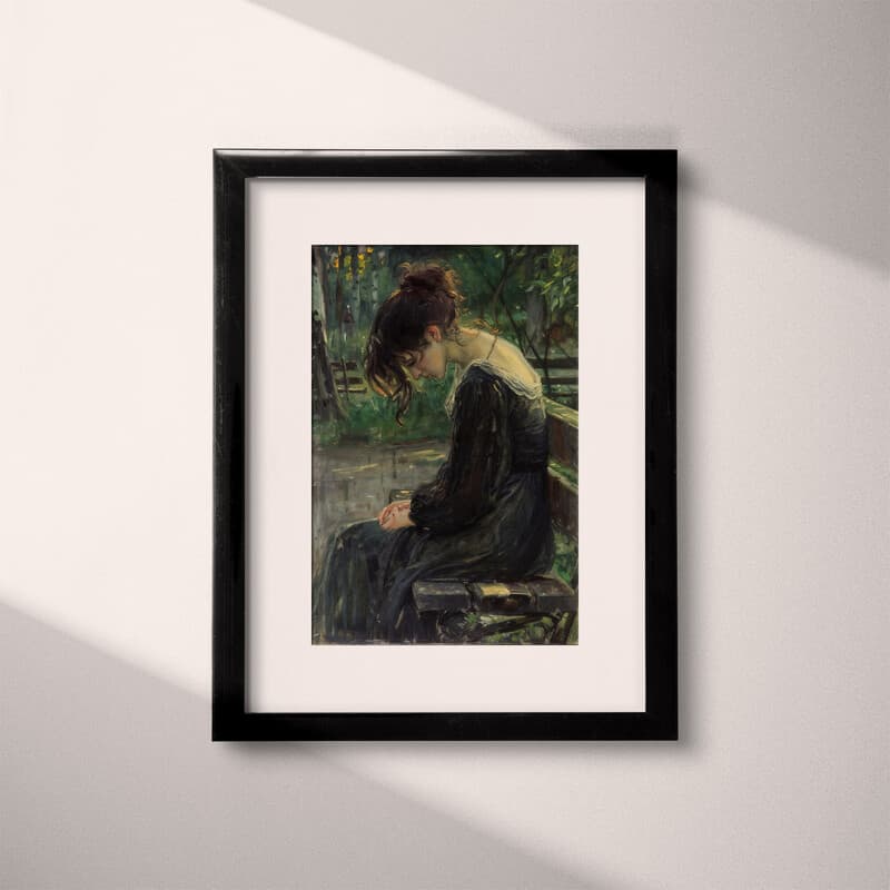 Matted frame view of An art nouveau oil painting, a woman on a park bench with her head down
