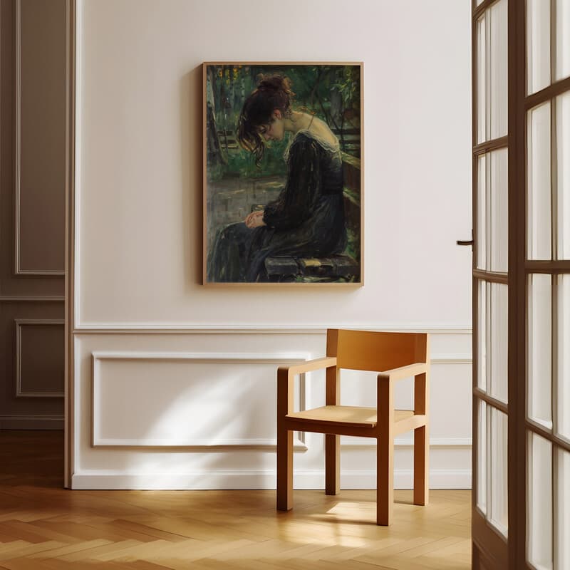 Room view with a full frame of An art nouveau oil painting, a woman on a park bench with her head down