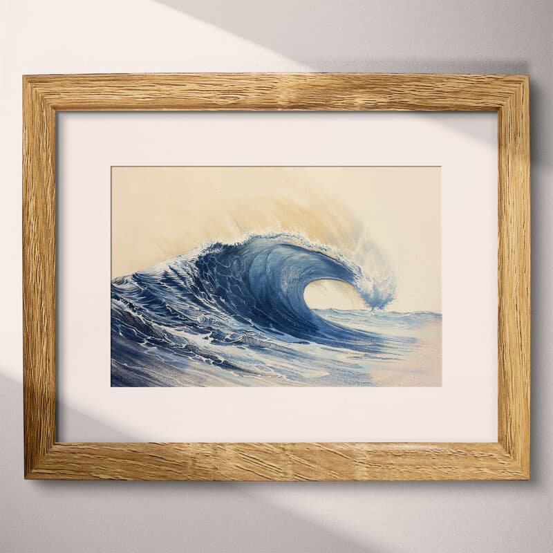 Matted frame view of A japandi pastel pencil illustration, a large wave in the sea