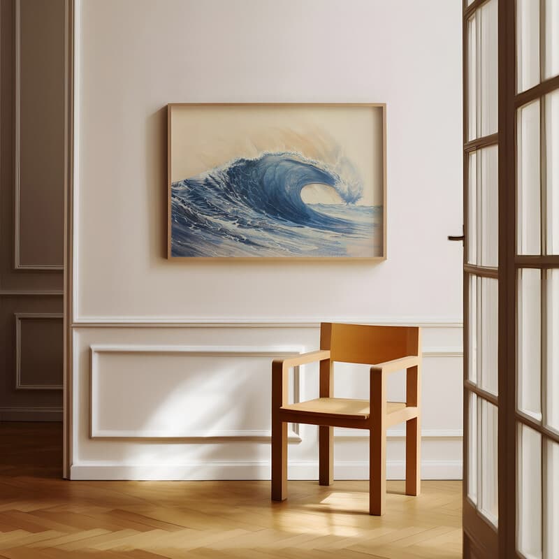 Room view with a full frame of A japandi pastel pencil illustration, a large wave in the sea
