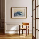 Room view with a matted frame of A japandi pastel pencil illustration, a large wave in the sea
