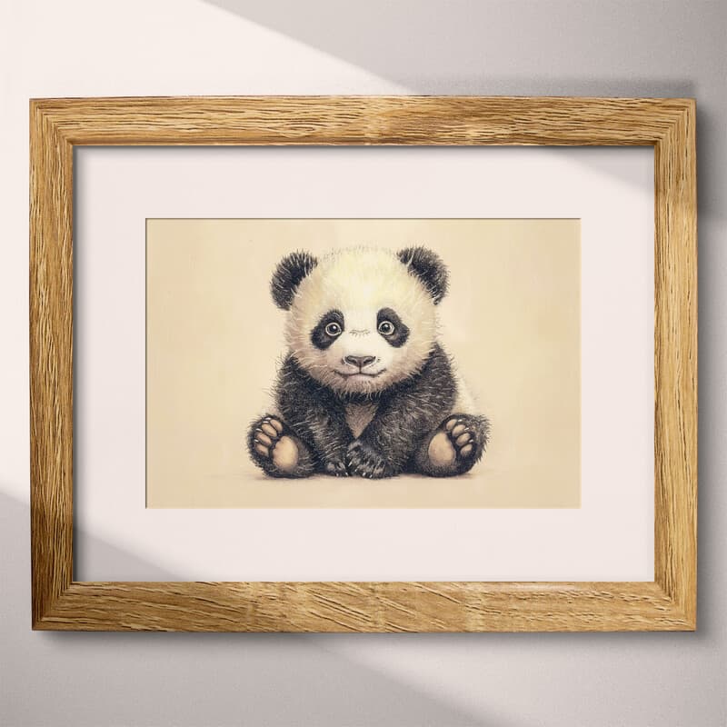 Matted frame view of A cute chibi anime pastel pencil illustration, a panda bear