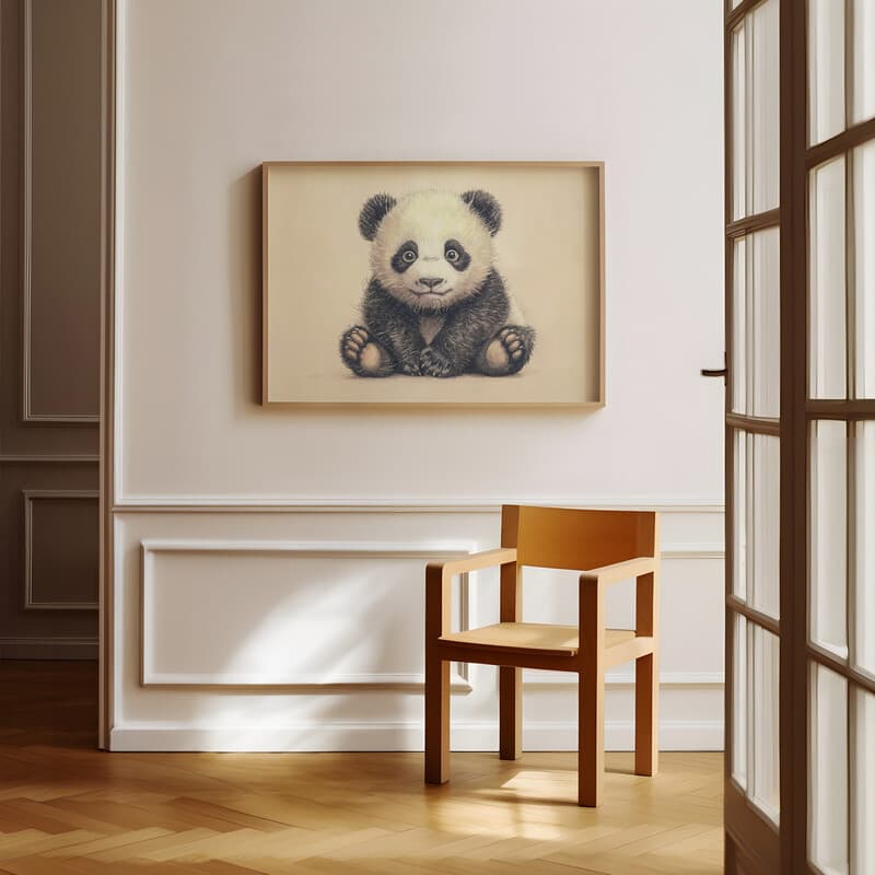 Room view with a full frame of A cute chibi anime pastel pencil illustration, a panda bear