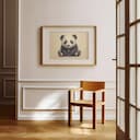 Room view with a matted frame of A cute chibi anime pastel pencil illustration, a panda bear