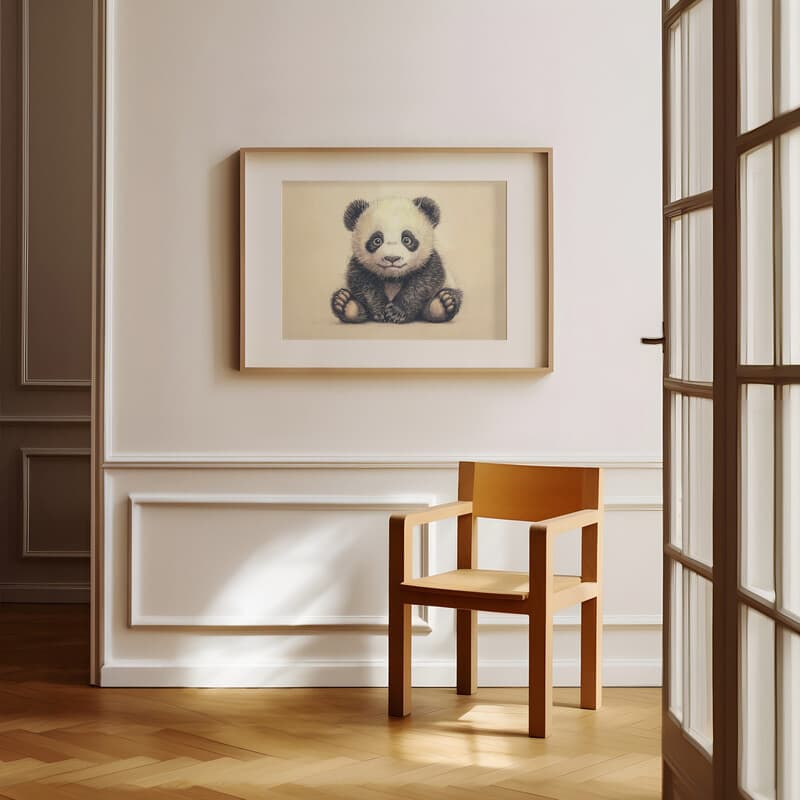 Room view with a matted frame of A cute chibi anime pastel pencil illustration, a panda bear