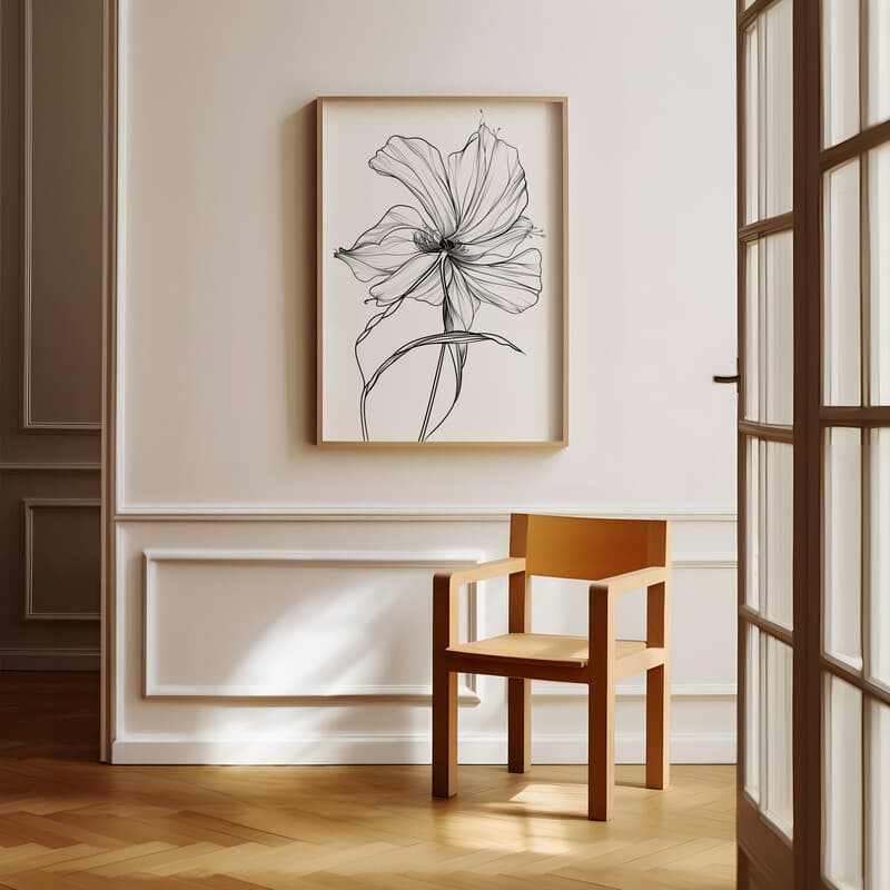 Room view with a full frame of A minimalist pencil sketch, a flower