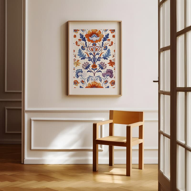 Room view with a matted frame of A baroque tapestry print, symmetric floral pattern
