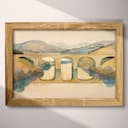 Full frame view of An art deco pastel pencil illustration, a bridge over a river, distant view