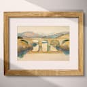 Matted frame view of An art deco pastel pencil illustration, a bridge over a river, distant view