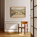 Room view with a full frame of An art deco pastel pencil illustration, a bridge over a river, distant view
