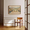 Room view with a full frame of An art deco pastel pencil illustration, a bridge over a river, distant view