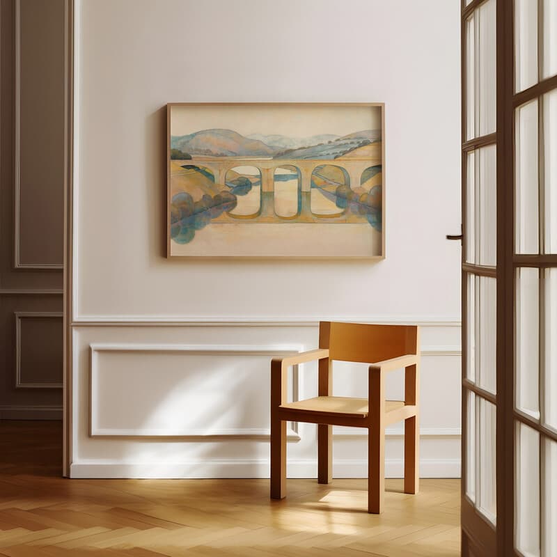 Room view with a full frame of An art deco pastel pencil illustration, a bridge over a river, distant view