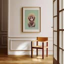 Room view with a matted frame of A cute chibi anime colored pencil illustration, a monkey