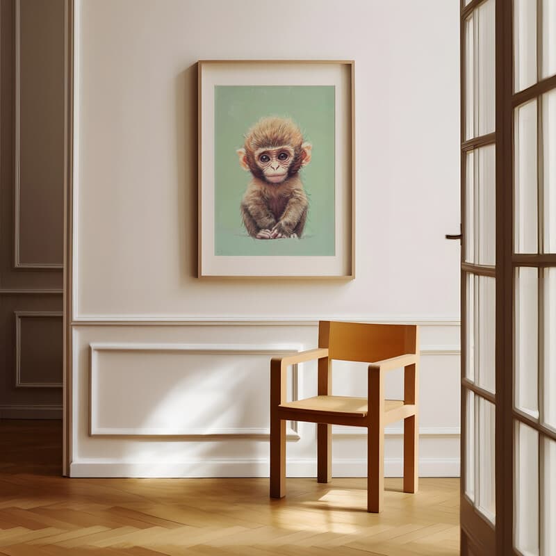 Room view with a matted frame of A cute chibi anime colored pencil illustration, a monkey