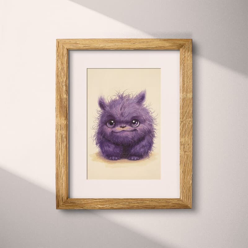 Matted frame view of A cute chibi anime pastel pencil illustration, a purple monster