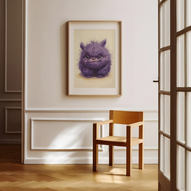 Room view with a matted frame of A cute chibi anime pastel pencil illustration, a purple monster