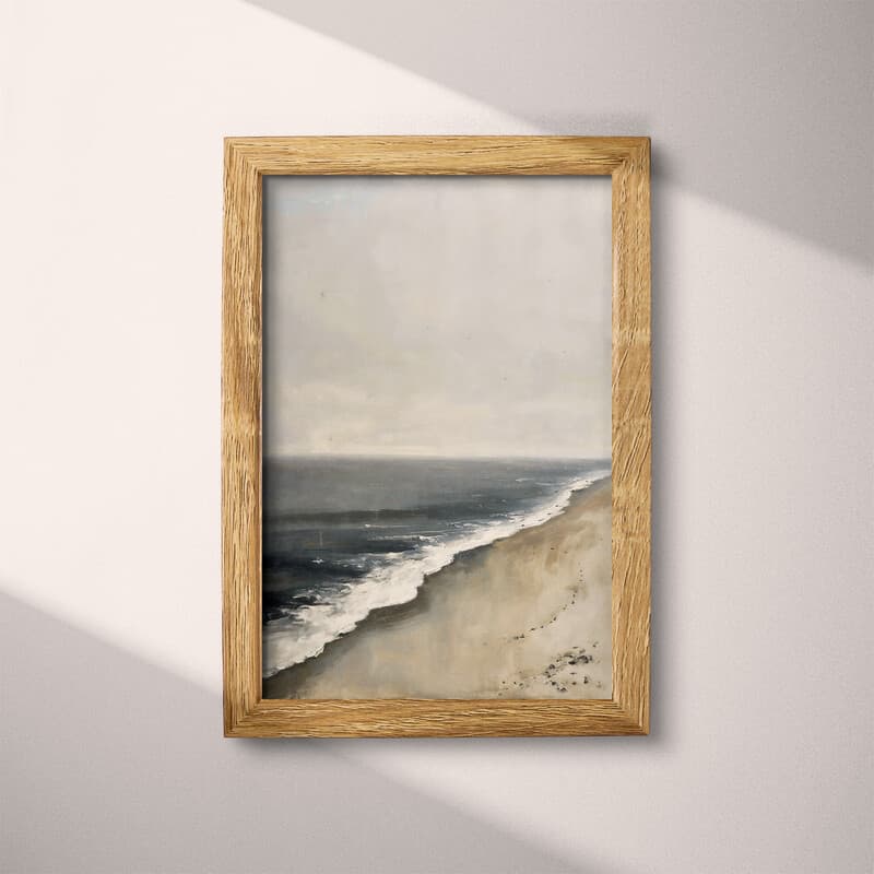 Full frame view of A rustic oil painting, a beach overlooking the ocean, gray sky