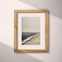 Matted frame view of A rustic oil painting, a beach overlooking the ocean, gray sky