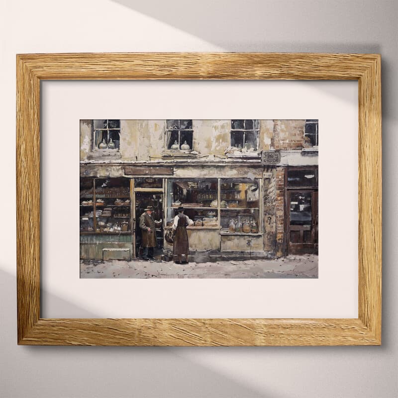 Matted frame view of A mid-century oil painting, outside view of a shop