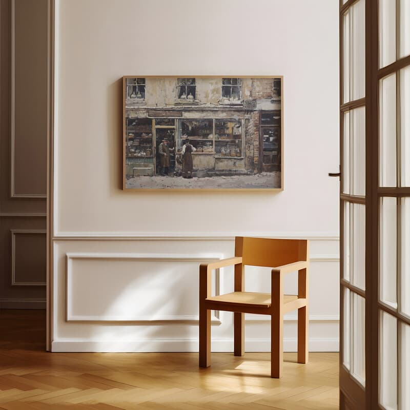 Room view with a full frame of A mid-century oil painting, outside view of a shop