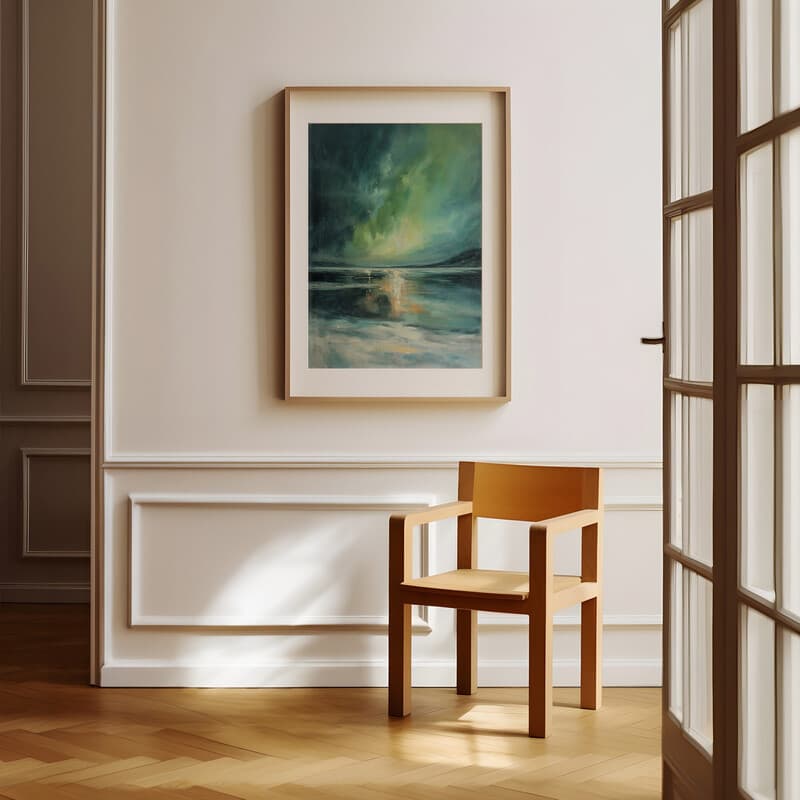 Room view with a matted frame of An impressionist oil painting, northern lights