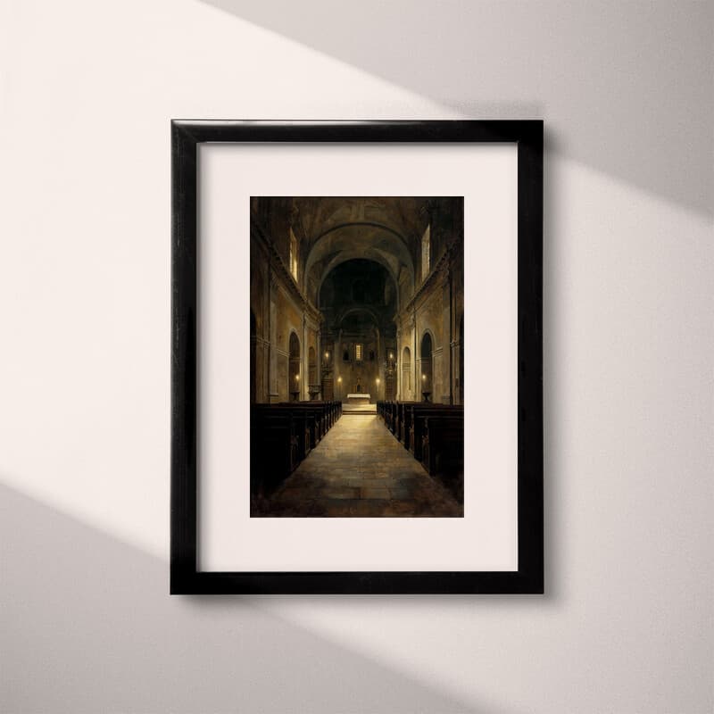 Matted frame view of A baroque oil painting, inside of a church, symmetric view