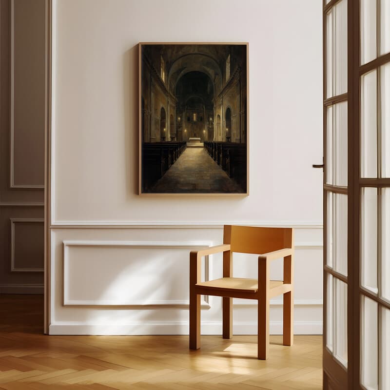 Room view with a full frame of A baroque oil painting, inside of a church, symmetric view