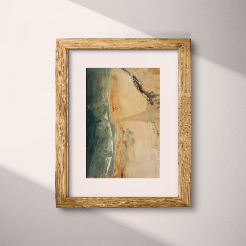 Matted frame view of An abstract impressionist oil painting, aerial view of a beach and ocean
