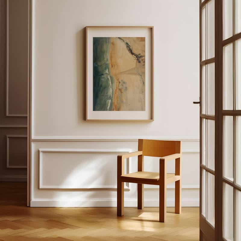 Room view with a matted frame of An abstract impressionist oil painting, aerial view of a beach and ocean