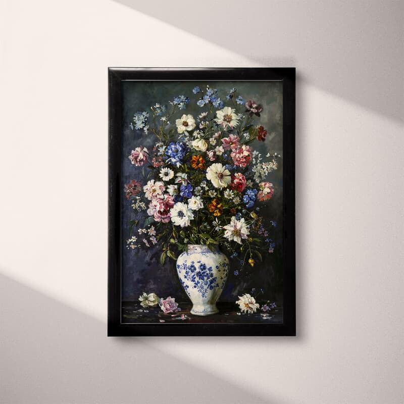 Full frame view of An impressionist oil painting, flowers in a white vase with blue pattern, dark gray background