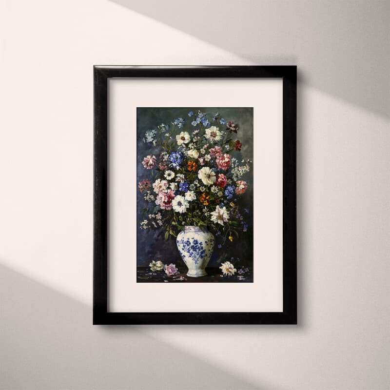 Matted frame view of An impressionist oil painting, flowers in a white vase with blue pattern, dark gray background