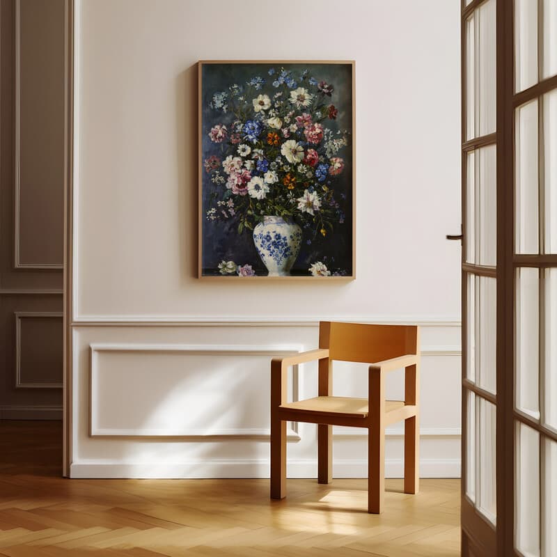 Room view with a full frame of An impressionist oil painting, flowers in a white vase with blue pattern, dark gray background