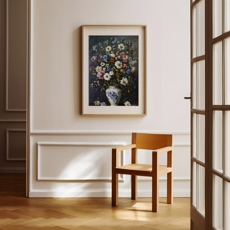 Room view with a matted frame of An impressionist oil painting, flowers in a white vase with blue pattern, dark gray background