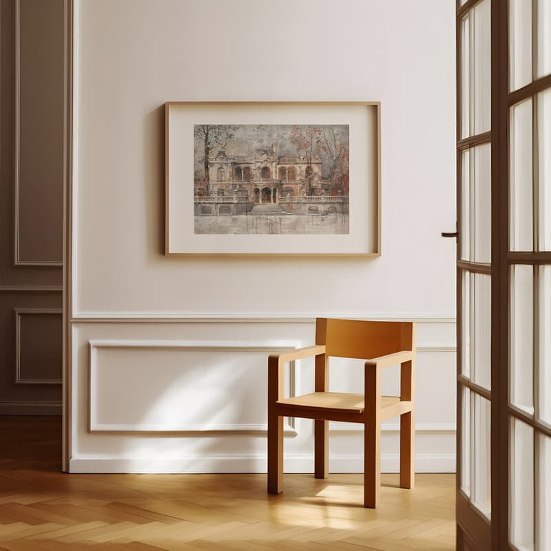 Room view with a matted frame of A victorian oil painting, european architecture