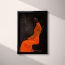 Full frame view of An afrofuturism oil painting, a woman in an orange dress sitting on a chair, side view